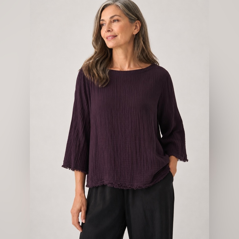 Eileen Fisher Organic Cotton Gauze Box Top Dark Plum Brown Frayed Hem Size Large